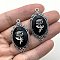 Zinc Alloy Pendants, with Resin, Oval, Gothic Rose Silver Plated Embossed Accessories Halloween DIY Pendants, Black, 42x23mm