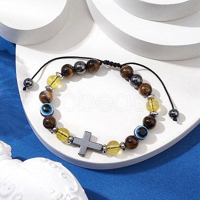 Natural Toger Eye Braided Bead Bracelets for Women Men BJEW-JB11138-02-1