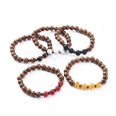 Unisex Wood Beads Stretch Bracelets BJEW-JB04960-1