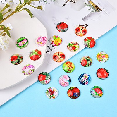 100Pcs Flower Printed Glass Cabochons GGLA-SZ0001-19-1