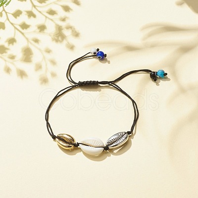 2Pcs 2 Color Acrylic & Alloy Shell Braided Bead Bracelets Set with Lampwork Evil Eye BJEW-JB08131-1