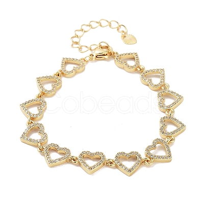 Rack Plating Brass Pave Clear Cubic Zirconia Heart Link Chain Bracelets for Women BJEW-R317-12G-1