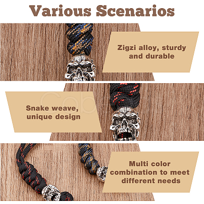 HOBBIESAY 2Pcs 2 Colors Braided Polyester EDC Knife Parachute Lanyard Alloy Skull Bead Pendant Decoration for Men HJEW-HY0001-07-1