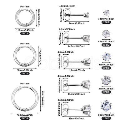 16Pcs 8 Style Clear Cubic Zirconia Stud Earrings & Titanium Steel Huggie Hoop Earrings DIY-TA0004-54-1