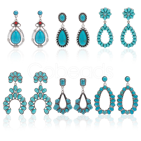 ANATTASOUL 6 Pairs 6 Style Synthetic Turquoise Teardrop & Arch Flower Dangle Stud Earrings EJEW-AN0001-10-1