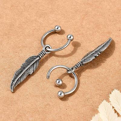 Feather 316 Surgical Stainless Steel Dangle Half Hoop Earrings for Women EJEW-G416-46AS-1