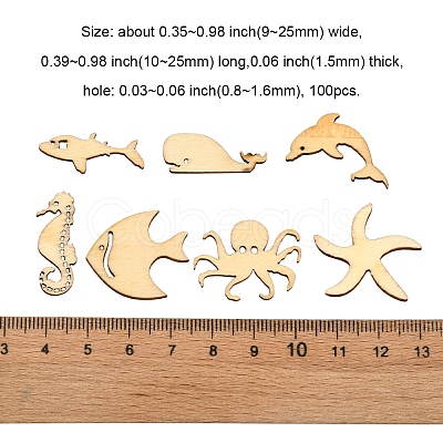 100Pcs Sea Theme Wood Canochons WOOD-CJ0001-61-1