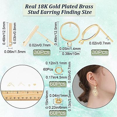 CREATCABIN 60Pcs 2 Styles Ring & Rectangle Shape Brass Stud Earring Findings DIY-CN0002-59-1