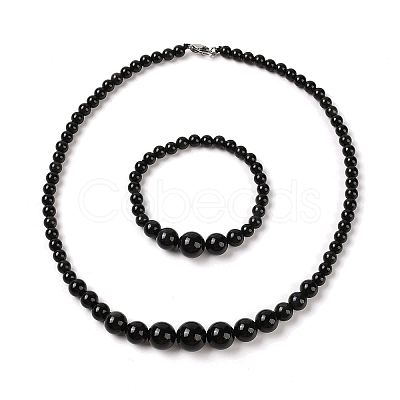 Natural Obsidian Round Beads Bracelets & Necklaces Sets SJEW-L132-15-1