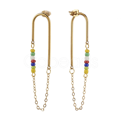 Chain Tassel with Glass Seed Beads Dangle Stud Earrings for Girl Women EJEW-TA00014-1