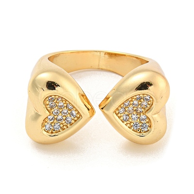 Brass Micro Pave Clear Cubic Zirconia Heart Open Cuff Rings for Women RJEW-L121-043G-1