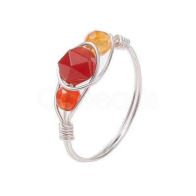 Round Natural Rose Quartz & Amethyst & Fluorite & Carnelian & Amazonite & Red Agate Finger Ring RJEW-JR00755-1