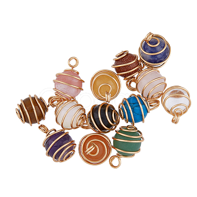 SUPERFINDINGS 1 set Natural & Synthetic Mixed Gemstone Copper Wire Wrapped Round Charms G-FH0002-08-1