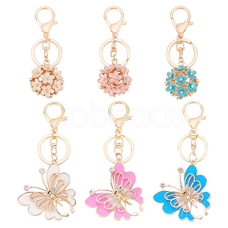 CRASPIRE 6Pcs 6 Style Butterfly & Flower Pendant Keychain KEYC-CP0001-09-1