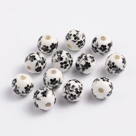 8mm Round Black Handmade Printed Porcelain Beads X-PORC-Q201-8mm-5-1