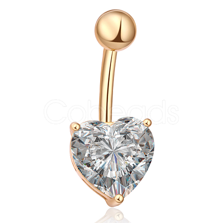 Real 18K Gold Plated Body Jewelry Heart Cubic Zirconia Brass Navel Ring Navel Ring Belly Rings AJEW-EE0001-01A-1