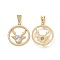 Brass Micro Pave Cubic Zirconia Pendants, Round Ring with Deer Head Charms, Golden, Clear, 33.5x30x5.5mm, Hole: 3.5x8mm