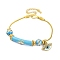 Brass European Bracelets, with Enamel Beads and Cubic Zirconia, Real 18K Gold Plated, Deep Sky Blue, 7-1/2 inch(19cm)