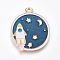 Alloy Enamel Pendants, Flat Round with Rocket, Steel Blue, Golden, 28x24x1mm, Hole: 2.5mm