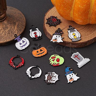 14Pcs 14 Style Halloween Theme Rack Plating Spray Painted Alloy Enamel Pendants ENAM-YW0003-84-1