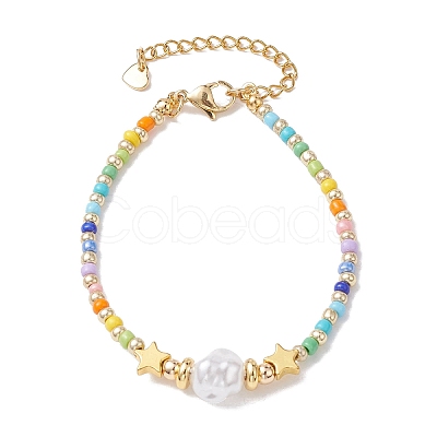 Plastic Imitation Pearl & 201 Stainless Steel Star & Seed Beaded Bracelet BJEW-JB10118-02-1