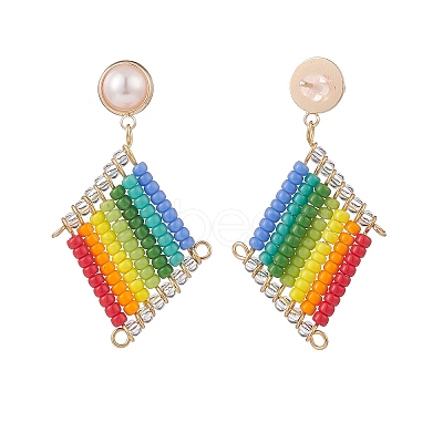 Japanese Seed Braided Rhombus Dangle Stud Earrings with Plastic Pearl Beaded EJEW-TA00170-1