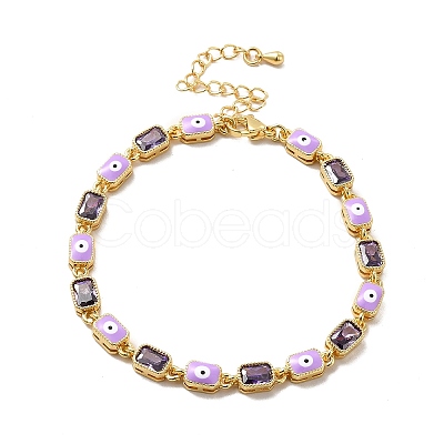 Enamel Evil Eye & Cubic Zirconia Rectangle Link Chain Bracelet BJEW-C029-02G-1