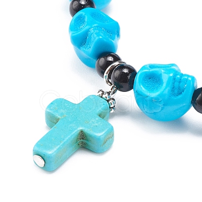 Natural Mashan Jade Skull Beaded Stretch Bracelet with Synthetic Turquoise(Dyed) Cross Charm BJEW-JB08378-04-1