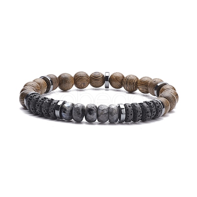 Natural Wood & Synthetic Hematite Stretch Bracelet with Gemstone BJEW-JB08155-1