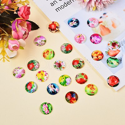 100Pcs Flower Printed Glass Cabochons sgGGLA-SZ0001-19-1