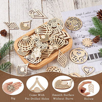 Elecrelive 100Pcs 10 Styles Undyed Natural Wooden Big Pendants WOOD-EL0001-03-1