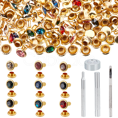 Nbeads 90Pcs Round Brass Semi-Tublar Rivets with Rhinestone DIY-NB0010-29-1