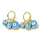 Real 18K Gold Plated Brass Dangle Leverback Earrings, with Enamel, Evil Eye, Deep Sky Blue, 27x12mm