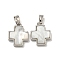 Rack Plating Brass Natural White Shell Pendants, Cross, Platinum, 15.5x12.5x3mm, Hole: 5X2.5mm