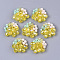 Handmade Woven Glass Cabochons, with Faceted Glass Beads and Light Gold Plated Brass Perforated Disc Settings, Flower, Yellow, 23~25x23~25x8~10mm