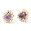 Ion Plating(IP) Natural Amethyst Heart Stud Earrings with Plastic Pearl Beaded EJEW-E599-02G-02-3