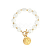 Natural Pearl Rectangle & Flat Round Beaded Bracelet with Stainless Steel Coin Charms SX4591-2-1
