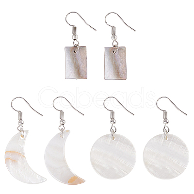 ANATTASOUL 3 Pairs 3 Style Flat Round & Moon & Rectangle Acrylic Imitation Shell Dangle Earrings EJEW-AN0002-94-1