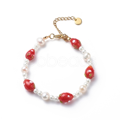 3D Lampwork Strawberry & Shell Pearl Beaded Bracelet for Women BJEW-TA00174-1