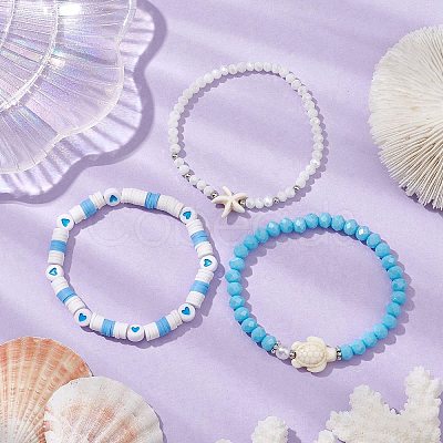 3Pcs Summer Beach Polymer Clay & Glass & Synthetic Turquoise Beaded Stretch Bracelets Kit BJEW-JB10675-01-1