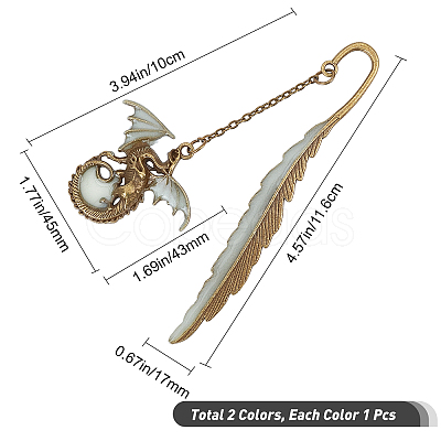 Gorgecraft 3Pcs 2 Style Pterosaur with Feather Luminous Zinc Alloy Bookmarks AJEW-GF0003-79-1