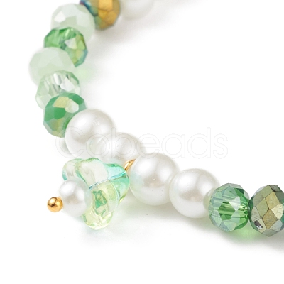 Glass Pearl & Flower Beaded Stretch Bracelet with Bell Charm for Women BJEW-JB08513-1