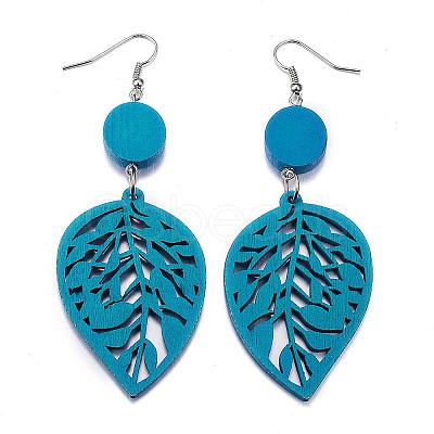 Trendy Leaf Wood Dangle Earrings EJEW-F062-K-1