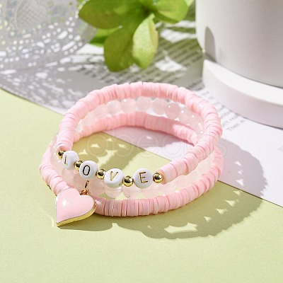 3Pcs 3 Style Natural Rose Quartz & Acrylic Word Love Beaded Stretch Bracelets Set with Alloy Enamel Heart Charms BJEW-JB08924-02-1