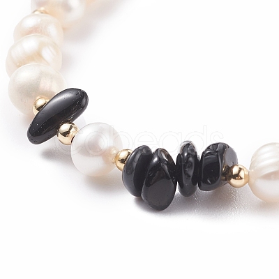 Natural Obsidian & Pearl Beaded Bracelet with Alloy Enamel Heart Charms BJEW-JB08039-06-1