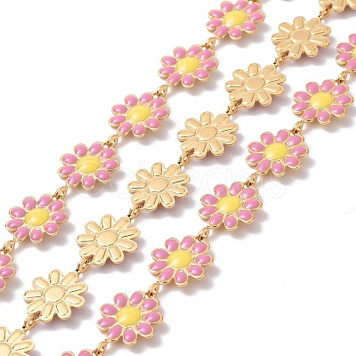 Ion Plating(IP) 304 Stainless Steel Daisy Flower Link Chains with Enamel AJEW-J035-03G-10-1