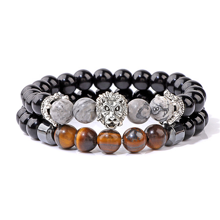 Natural Map Stone & Tiger Eye & Obsidian & Synthetic Hematite Stretch Bead Stretch Bracelets IO9425-5-1