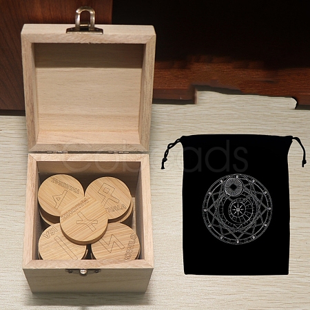 Wood Round Elder Futhark Alphabet Engraved Symbol Rune Stones Sets PW-WG106ED-09-1