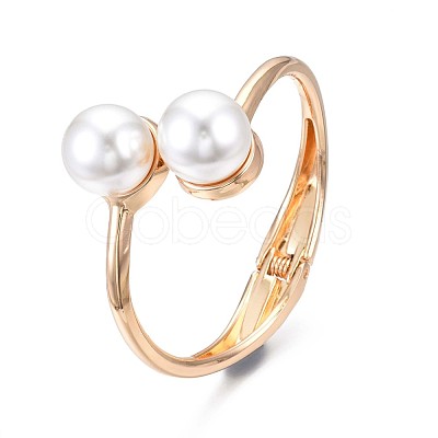 ABS Plastic Pearl Round Beaded Open Cuff Bangle BJEW-S118-106G-1