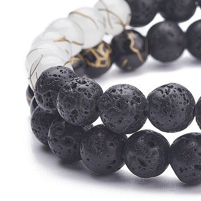 2Pcs 2 Color Round Glass & Natural Lava Rock Beaded Stretch Bracelets Set BJEW-JB07910-1